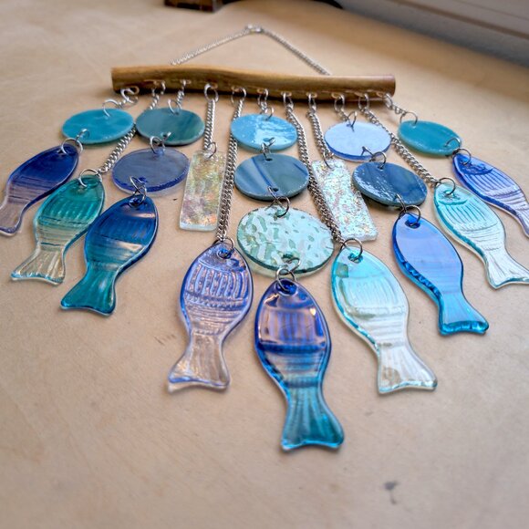 Stunning Stained Glass & Blue Glass Fish Wind Chime - Beach Decor - Picture 8 of 14